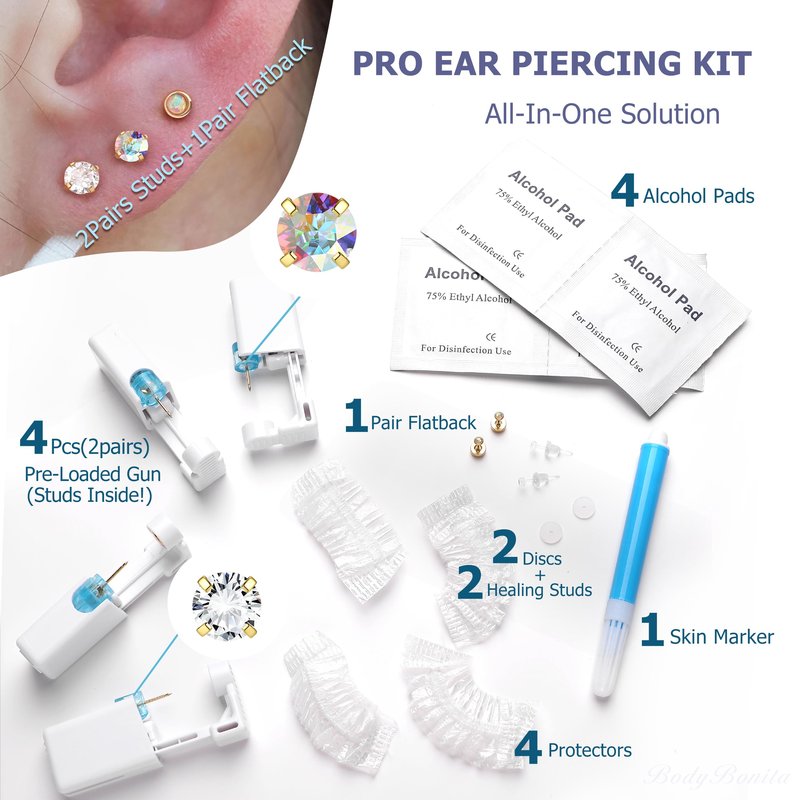 KRFY Ear Piercing Kit Sets, Disposable Stainless Steel Ear Piercing Gun with Preloaded Stud Earrings for Women, Self Pierce Studs Kit Tool, Flat Back Hoop Earrings Cartilage Jewelry Two Gold Plated