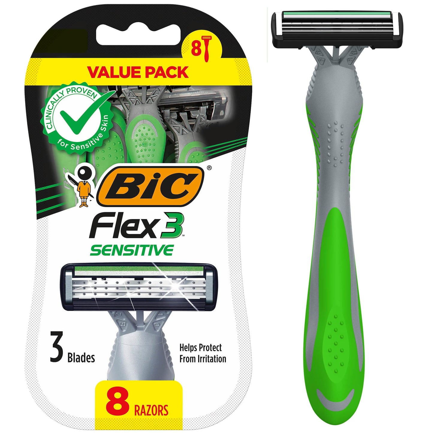 BIC Flex 3 Men's Disposable 3-Blade Razors, Smooth Shave Razors With Pivoting Head and Aloe Strip, 8-Pack