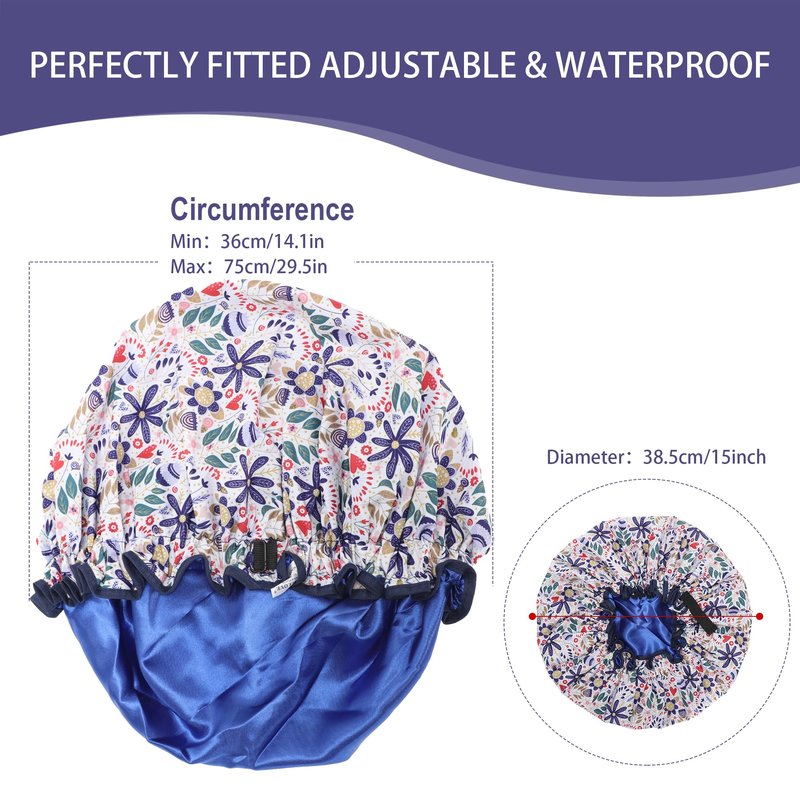 Reusable Shower Cap for Women Double Layered Shower Caps Bonnet with Adjustable Elastic Strap, Leakproof Nonslip Large Satin Lined Shower Bath Cap