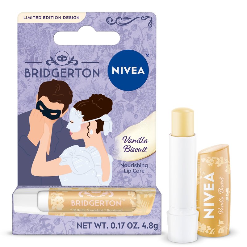 NIVEA Vanilla Biscuit Lip Balm, Nourishing Lip Care, Bridgerton Limited Edition Moisturizing Lip Balm with Shea Butter, 3-in-1 Moisture, Repair and Nourish, 0.17 Oz Stick