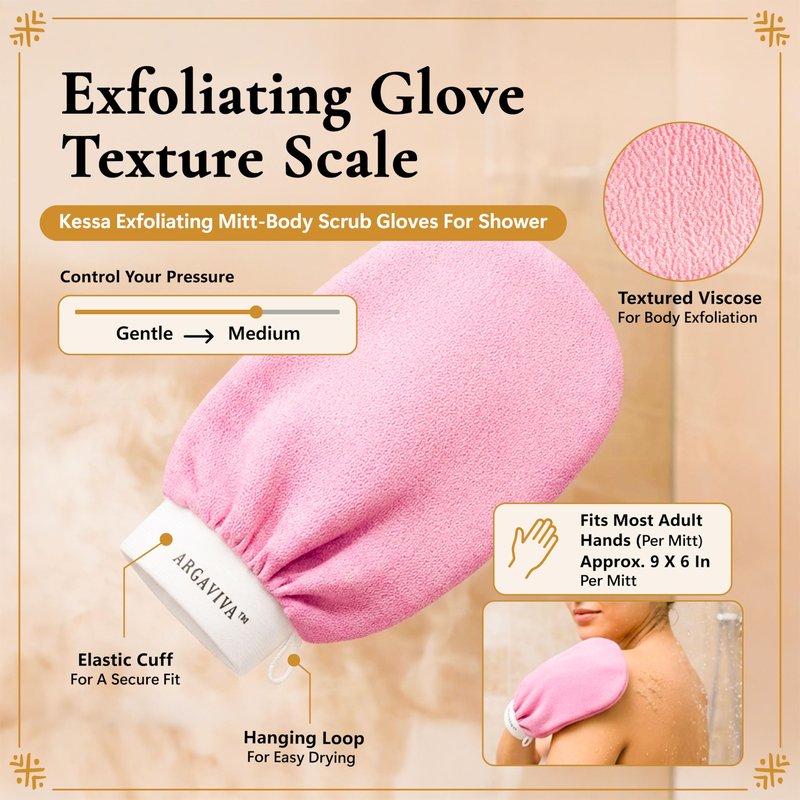 Argaviva Moroccan Exfoliating Glove for Shower - Kessa Hammam Body Scrub Gloves, Exfoliating Mitt, Bath Mitt - Couple's Spa Set, 2 Pack His and Hers, Pink and Black