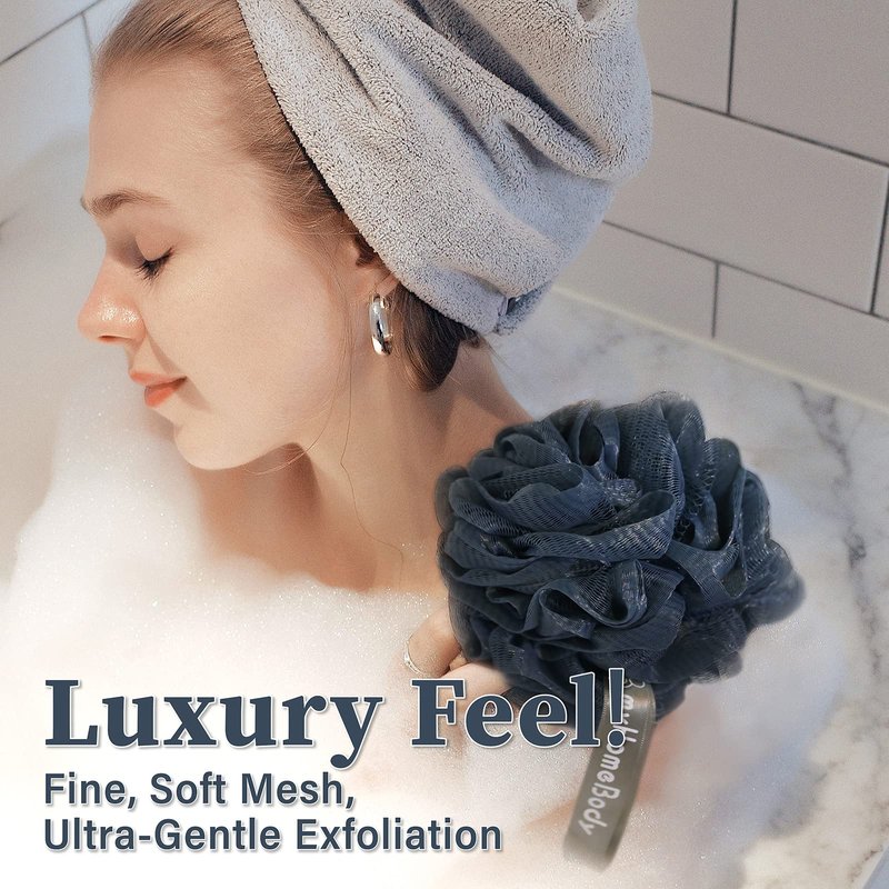 myHomeBody Large 70g Loofah Sponge, Body Scrubber, Bath Sponge, Loofah for Women, Men, Exfoliating Sponge Shower Pouf with Activated Charcoal - 3 Pack, 2 Navy Blue + 1 Sea Foam Green