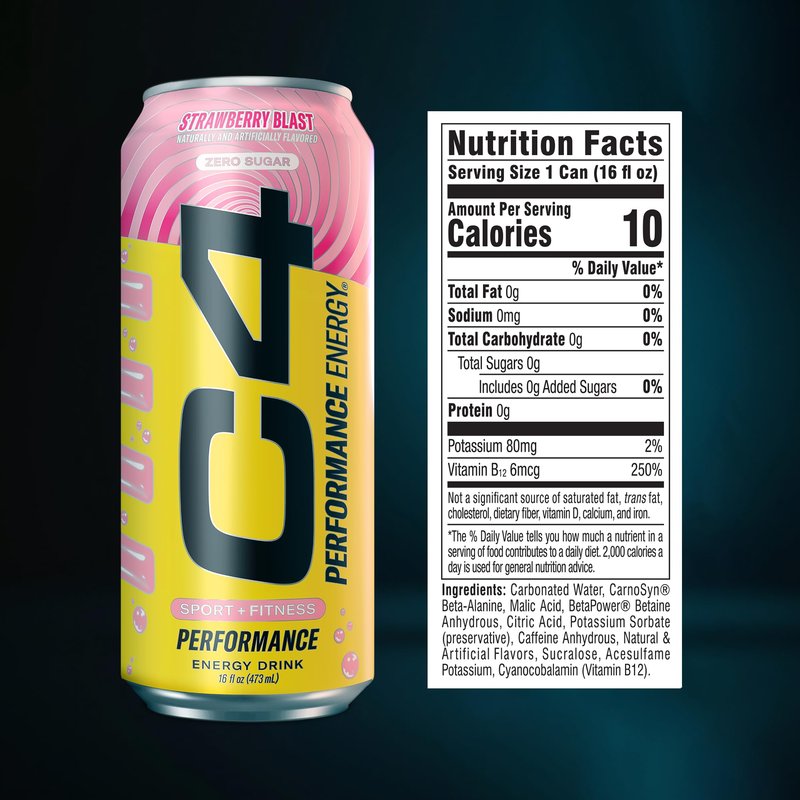 C4 Performance Energy Drink | Strawberry Blast | Zero Sugar Carbonated Preworkout Energy | 200mg Caffeine with Beta Alanine | 16 Fl Oz (12 Pack)