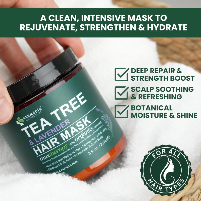 KESMEDIK Tea Tree Hair Mask with Rosemary & Lavender, Deep Conditioning Treatment for Dry, Damaged, Coarse Hair, Hydrating Hair Mask with Itchy Scalp Relief, Men & Women, Sulfate-Free