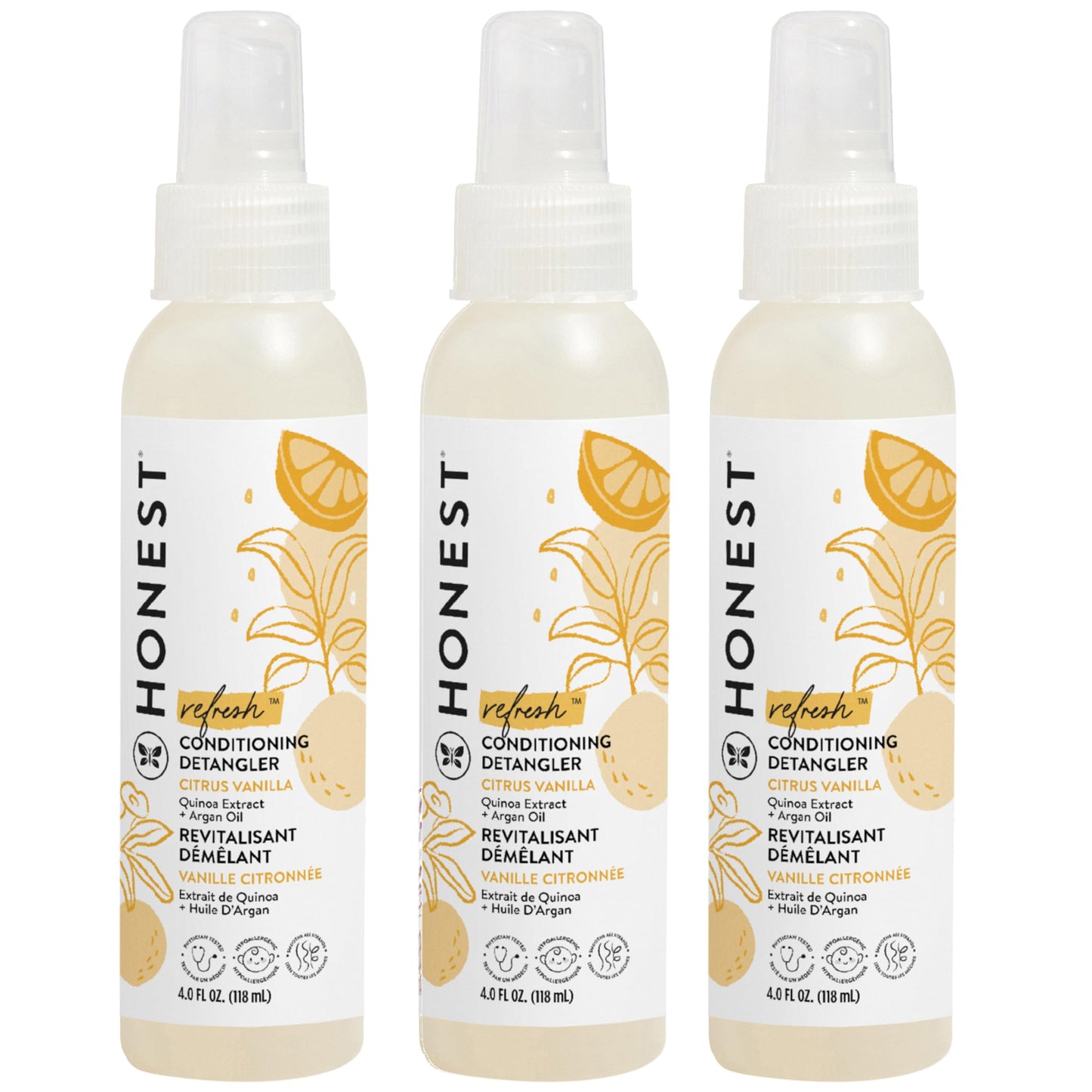 The Honest Company Conditioning Hair Detangler 3-Pack Leave-in Conditioner and Fortifying Spray, Tear Free Cruelty-Free, Hypoallergenic, Citrus Vanilla Refresh, 4 fl oz, pack of 3