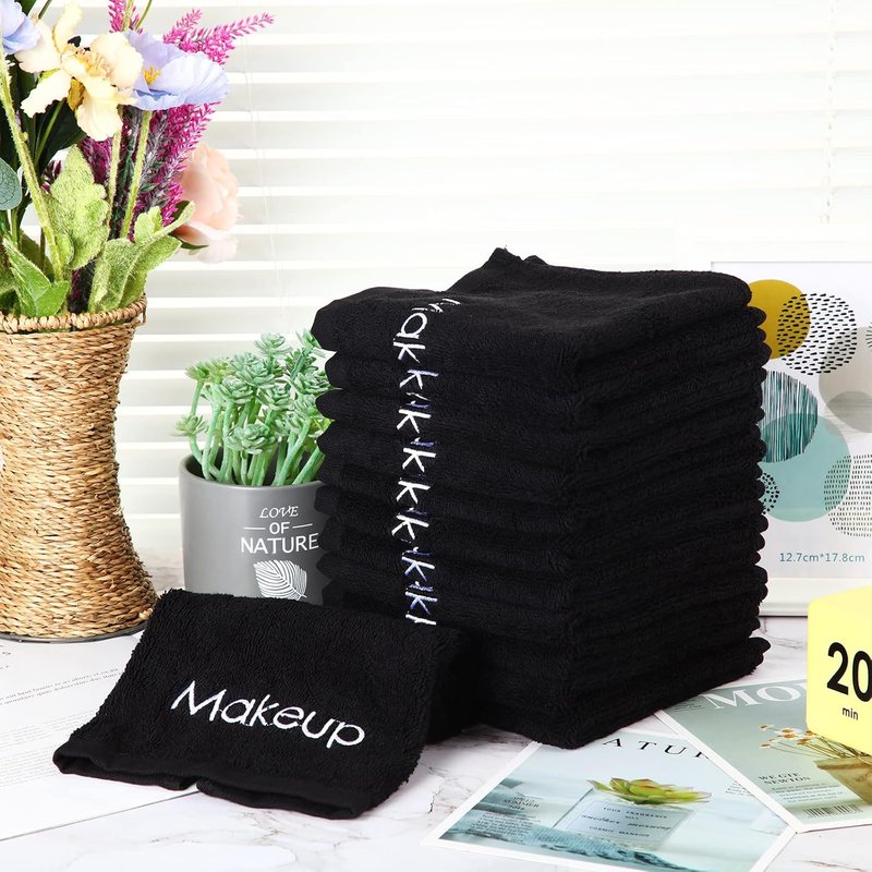 Panelee 12 Pcs Makeup Washcloths - Black Cotton Face Towels for Cleansing & Skin Care | 13 Inch Absorbent Cloths