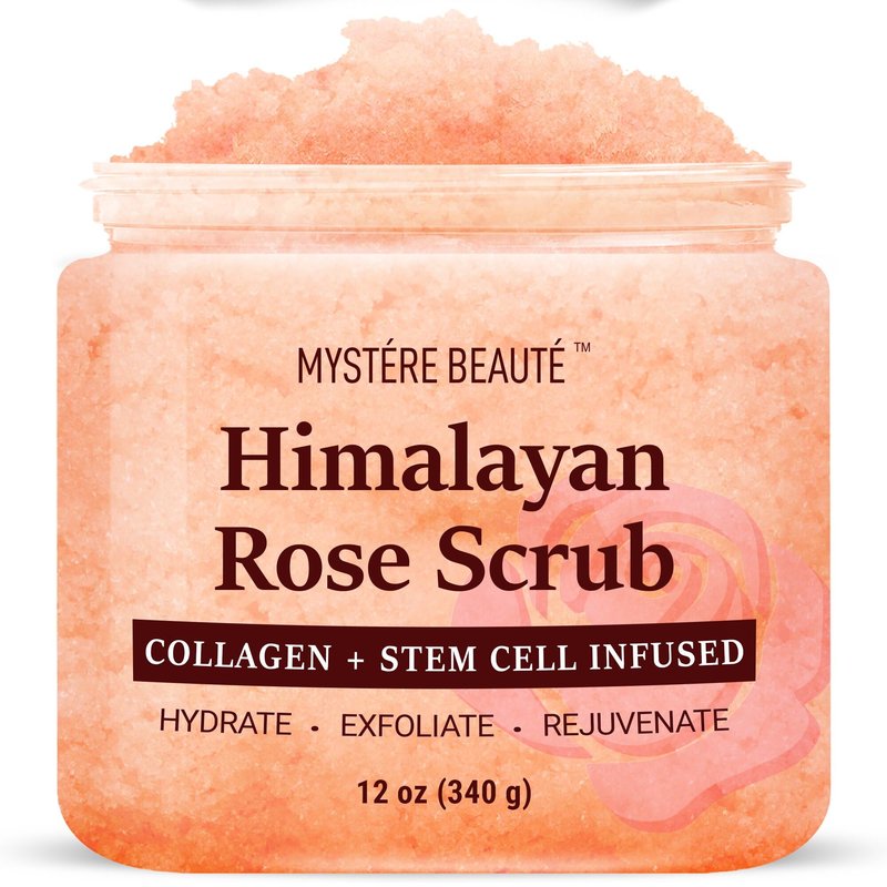 MYSTÉRE BEAUTÉ Himalayan Salt Body Scrub with Collagen & Rose Oil (12 oz) - Exfoliating Scrub for Cellulite, Acne, Scars & Stretch Marks - Deep Cleansing & Moisturizing - Natural Skin Care Gift