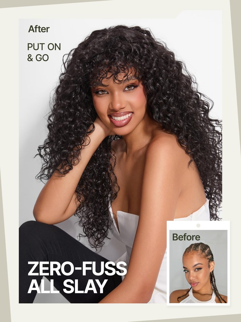 Frodio Veralux Fiber Blend Human Hair 26 Inches Shaggy Curl with Bangs Wig 200% Density Wigs Natural Black Ready to Go Glueless Wig for Women Realistic Look with True Scalp