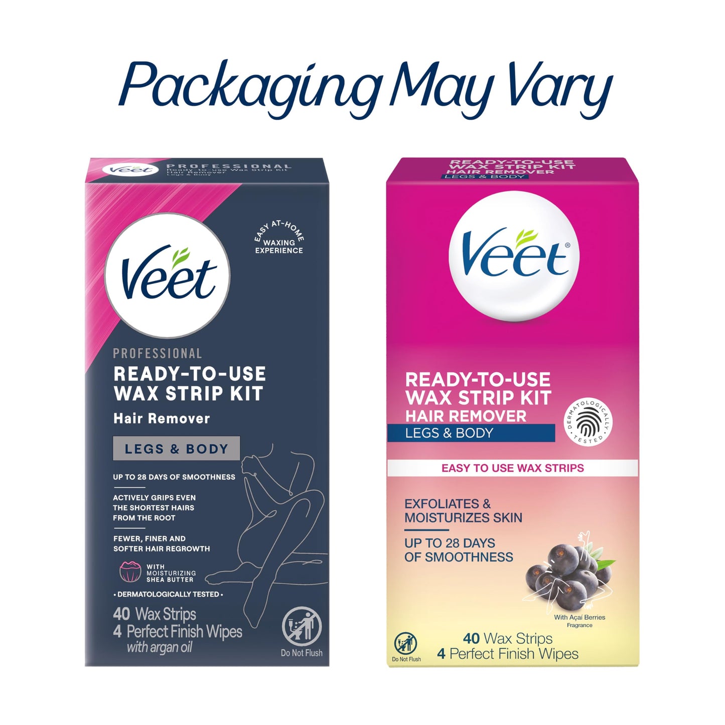 VEET Ready-To-Use Waxing Kit For Women, Wax Strips For Body Hair Removal, Wax Kit For Legs and Body, Personal Care Product, Hair Remover, 40ct Waxing Strips (20 Double-Sided), 4ct Body Wipes
