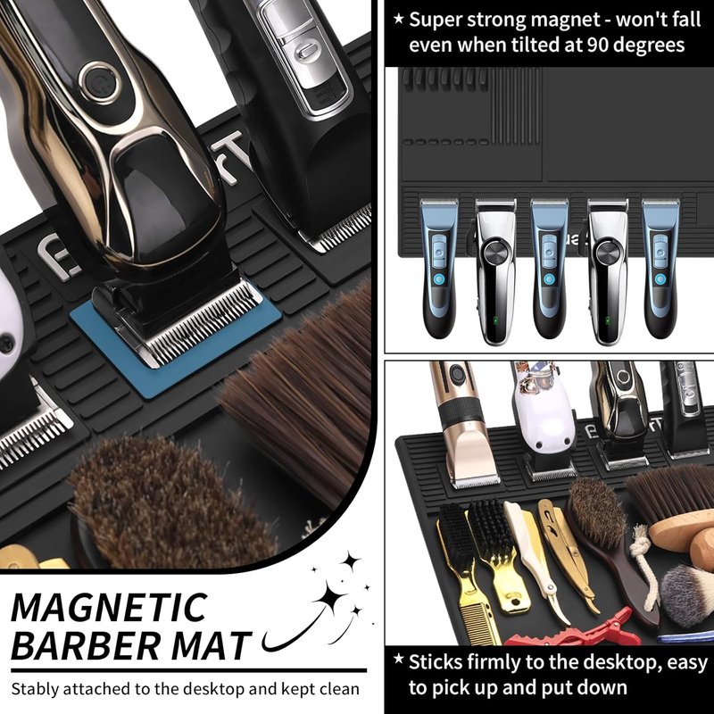 Magnetic Barber Mat for Clippers - Anti-Slip Heat Resistant Organizer with 6 Magnets | 19.29"x12.6" Grooming Station Pad