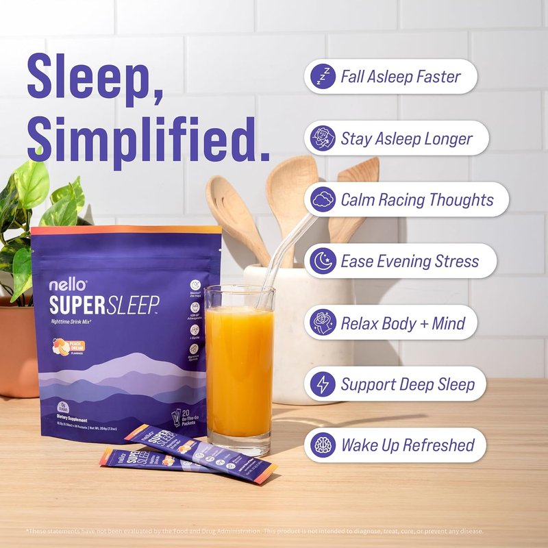 Nello Supersleep Nighttime Sleep Support Drink Mix - Ashwagandha & Magnesium Glycinate | Peach Dream (Pack of 20)