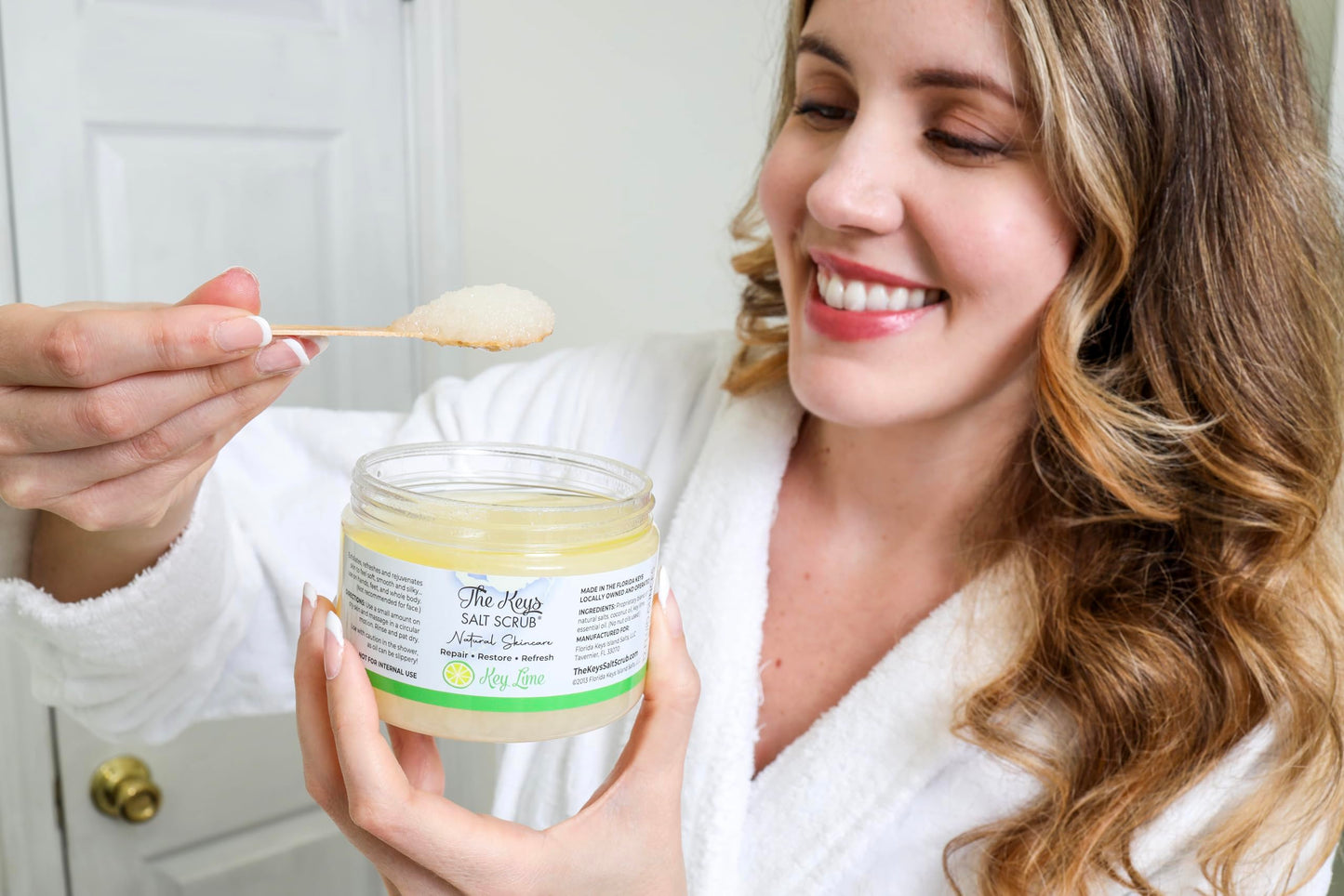 The Keys Salt Scrub -Sea Salt Scrub - Exfoliating Body Scrub with Wooden Spoon - Moisturizing Exfoliator for Hands, Foot, Bath, (12 Ounce (Pack of 1), Key Lime)