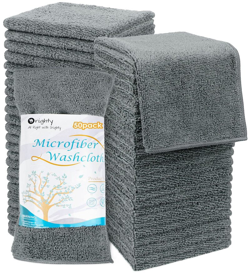 Orighty Washcloths Bulk Towel Sets 50 Pack, Highly Absorbent and Super Soft Microfiber Fingertip Towels, Multi-Purpose Wash Cloths for Bathroom, Hotel, Gym, and SPA, 12x12 Inch, Grey