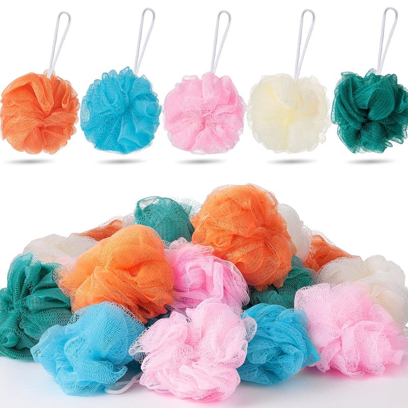 Chengu 20 Pack Mini Loofah Bath Sponge 20g Portable Travel Size Shower Sponge with Hanging Loop 4 Inch Bulk Mesh Puff for Kids Men Women Exfoliating Scrubber Pouf