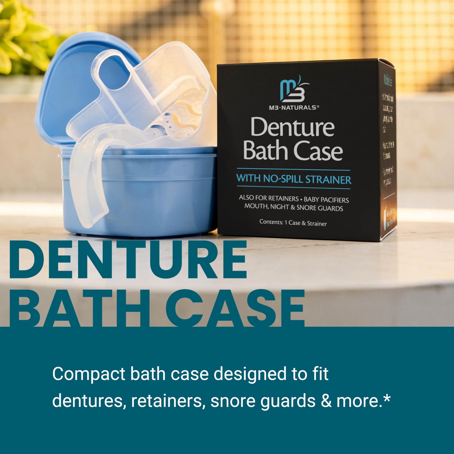 Denture Bath Case and Retainer Case, Denture Bath Cup for Invisalign Retainers Mouthguards Dentures Cleaner Kit with Strainer Spill-Free Portable Retainer Cleaner Case by M3