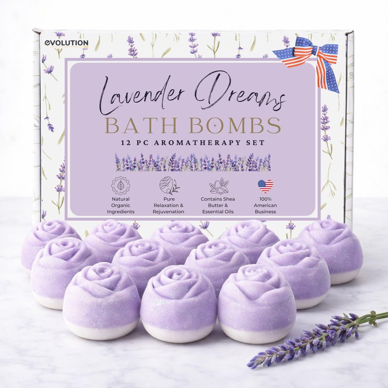 EvolutionUSA Lavender Dreams Bath Bombs for Women, 12 Organic Flower Bath Bombs, Soft Lavender Bath Bombs, Womens Bath Bombs Gift, Lush Bath Bombs for Girls, Relaxing Bathbombs, Bath Balls