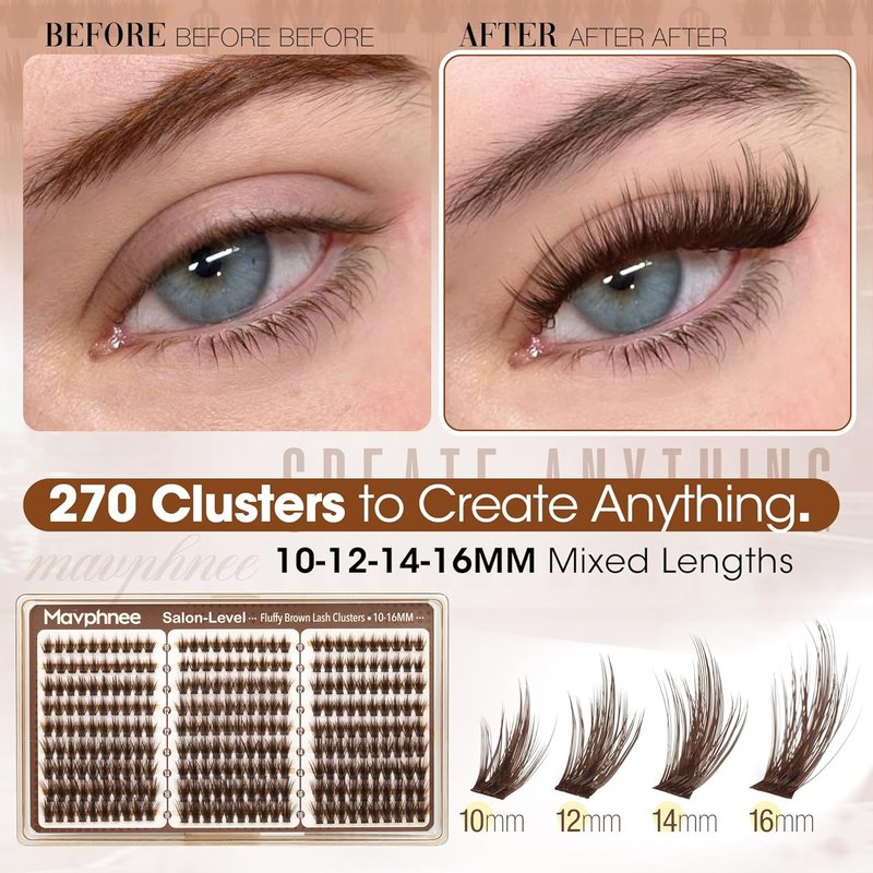 Mavphnee Brown Lash Clusters - Wispy Fluffy Individual Eyelash Extensions | Dark Brown Featherlight Lashes, 270PCS Value Pack (10-12-14-16MM)
