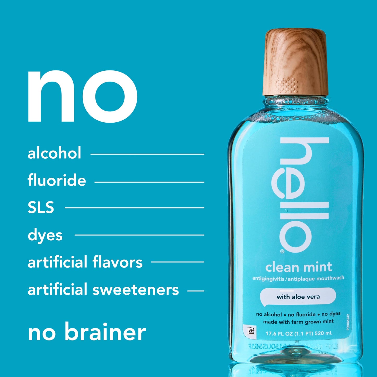 Hello Clean Mint Alcohol Free Mouthwash with Aloe Vera, 17.6 Fl Oz, Antigingivitis Gum Mouthwash with Farm Grown Mint, Fluoride Free, No Alcohol for Zero Burning, Vegan, Minty Oral Rinse, 3 Pack