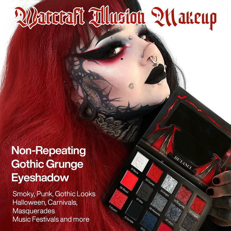 DE'LANCI Red Black Goth Eyeshadow Palette, Red Eyeshadow Goth Makeup Palette, Gray Silver Shimmer Glitter Eye shadow Pallet, Burgundy Eye Shadow for Vampire Clown Halloween Makeup,High Pigment,Vegan
