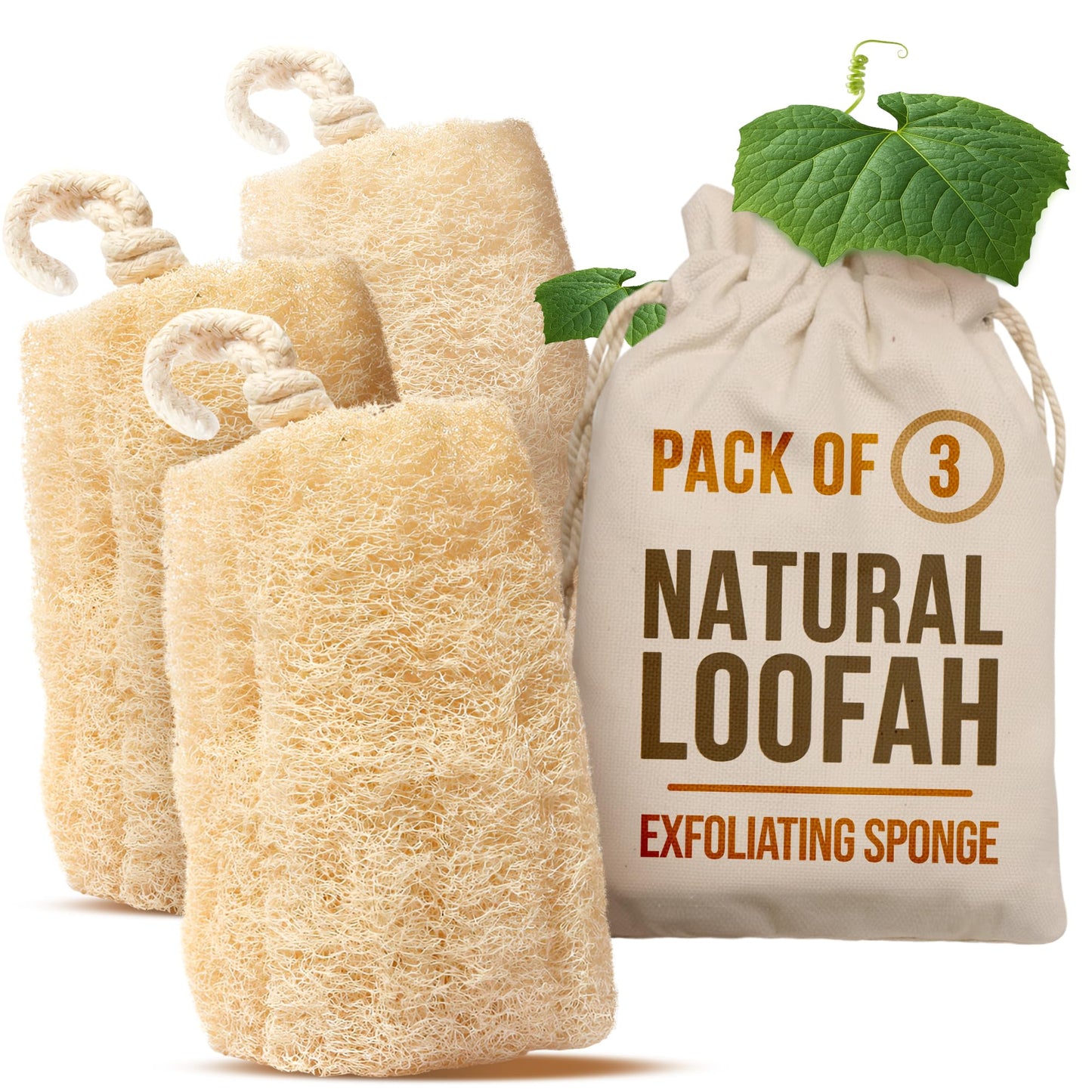 SERRENTO Loofah Body Scrubber - Natural Egyptian Loofah Sponge for Exfoliating Shower Bath, Organic Luffa Loofa Scrubbing Sponge for Men Women, Plastic Free Bathing Pads, Pack of 3 Tan