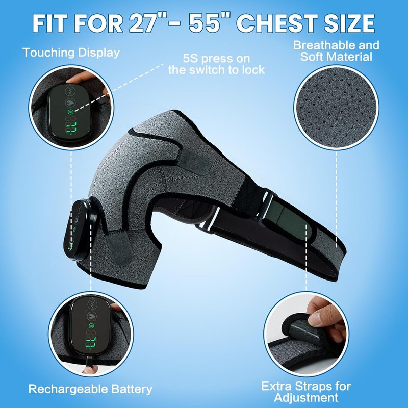Cordless Shoulder Heating Pad - Electric Heated Wrap with Massage | 3 Vibration Levels & 3 Heat Settings for Rotator Cuff Pain Relief, Rechargeable 5000mAh Battery