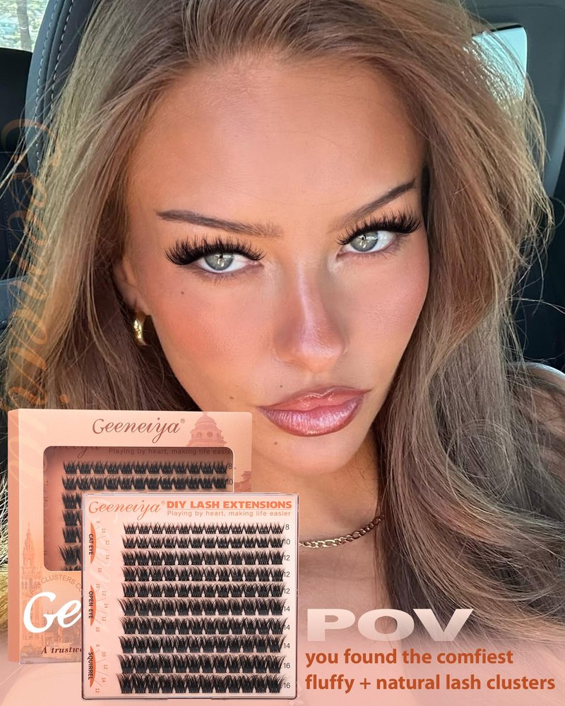 Geeneiya Fluffy Lash Clusters 8-16mm, Natural 3D Fluffy Effect Eyelash Clusters, C Curl DIY Cluster Eyelash Extensions for Salon-Like Lashes at Home