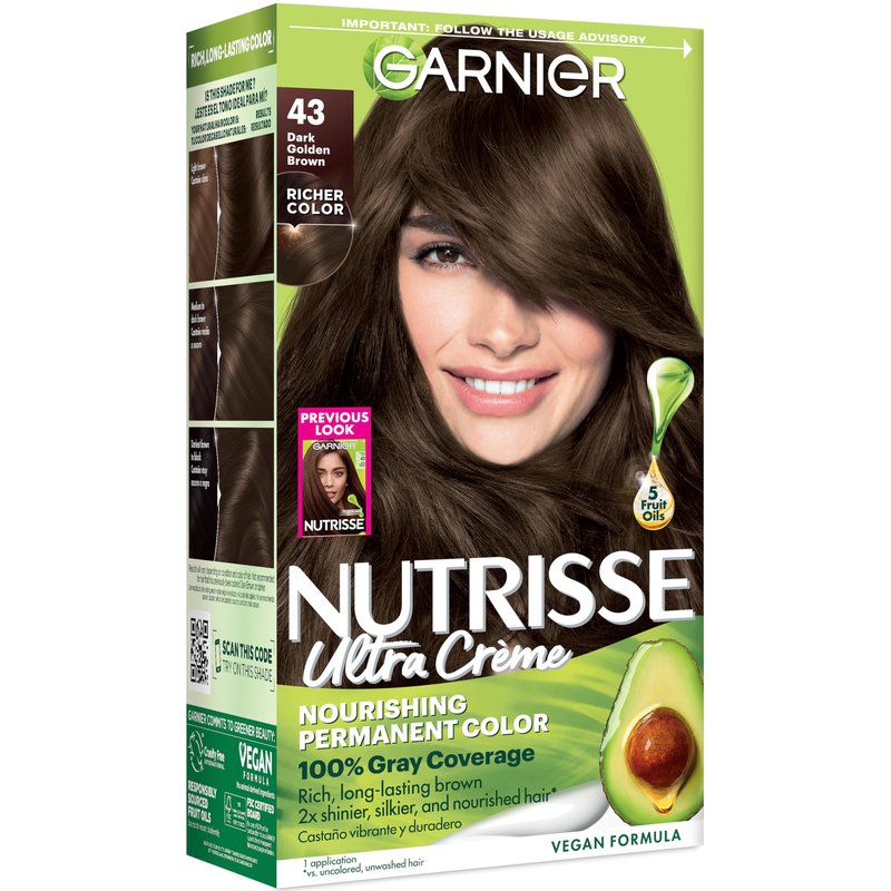 Garnier Nutrisse Ultra Crème Hair Color, Permanent Hair Dye with 100% Gray Coverage, Vegan & Cruelty-Free, 43 Dark Golden Brown (Cocoa Bean), 1 Count