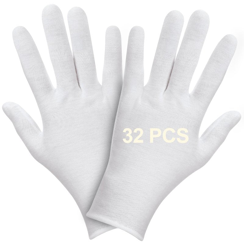 FOTKYXH 32PCS (16 Pairs) Thin White Gloves for Dry Hands Sleeping, Breathable White Glove with Elastic Cuff for Overnight Treatment, Eczema, Spa, Work, Inspection (One Size Fits Most)