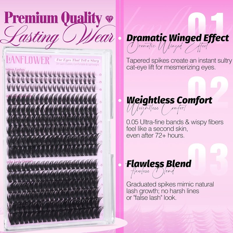 Lanflower Spiky Lash Clusters - Wispy D Curve Eyelash Extensions | 12-20mm Fairy Individual Lashes