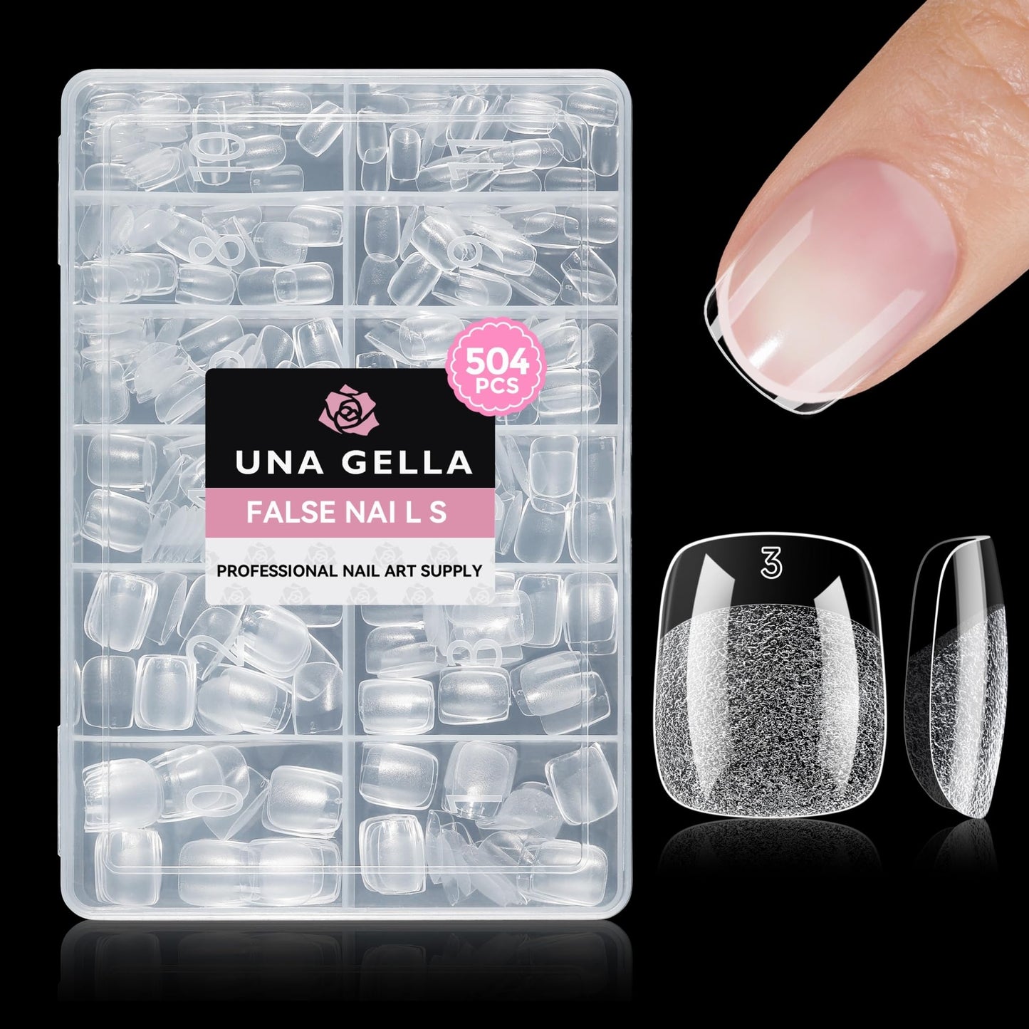 UNA GELLA Short Square Nail Tips Squoval 504PCS Pre Etched Extra Short Soft Gel Fake Nails Tips for Women DIY Squoval Press On Nails Extension French Style Salon Full Cover Acrylic Tips 12 Sizes