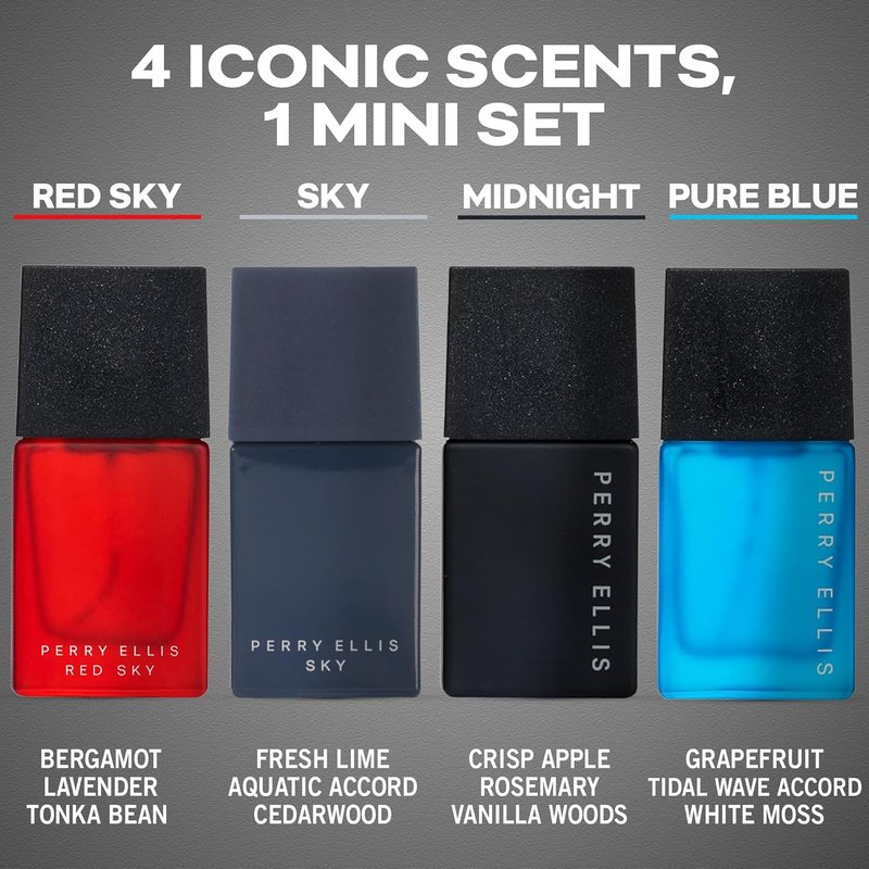 Perry Ellis Men's Mini Coffret Gift Set - Red Sky, Sky, Midnight, Pure Blue - 4-pack of .25 fl oz EDT mini travel sprays