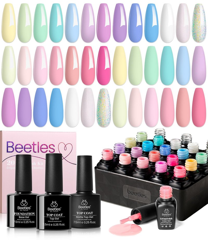 beetles Pastel Gel Polish Set - 20 Colors Spring Gel Nail Kit Dreamy Town Collection Macaroon Pink Yellow Green Blue Glitter Manicure Kit with 3Pcs Base Top Coat Uv LED Summer Gifts for Women