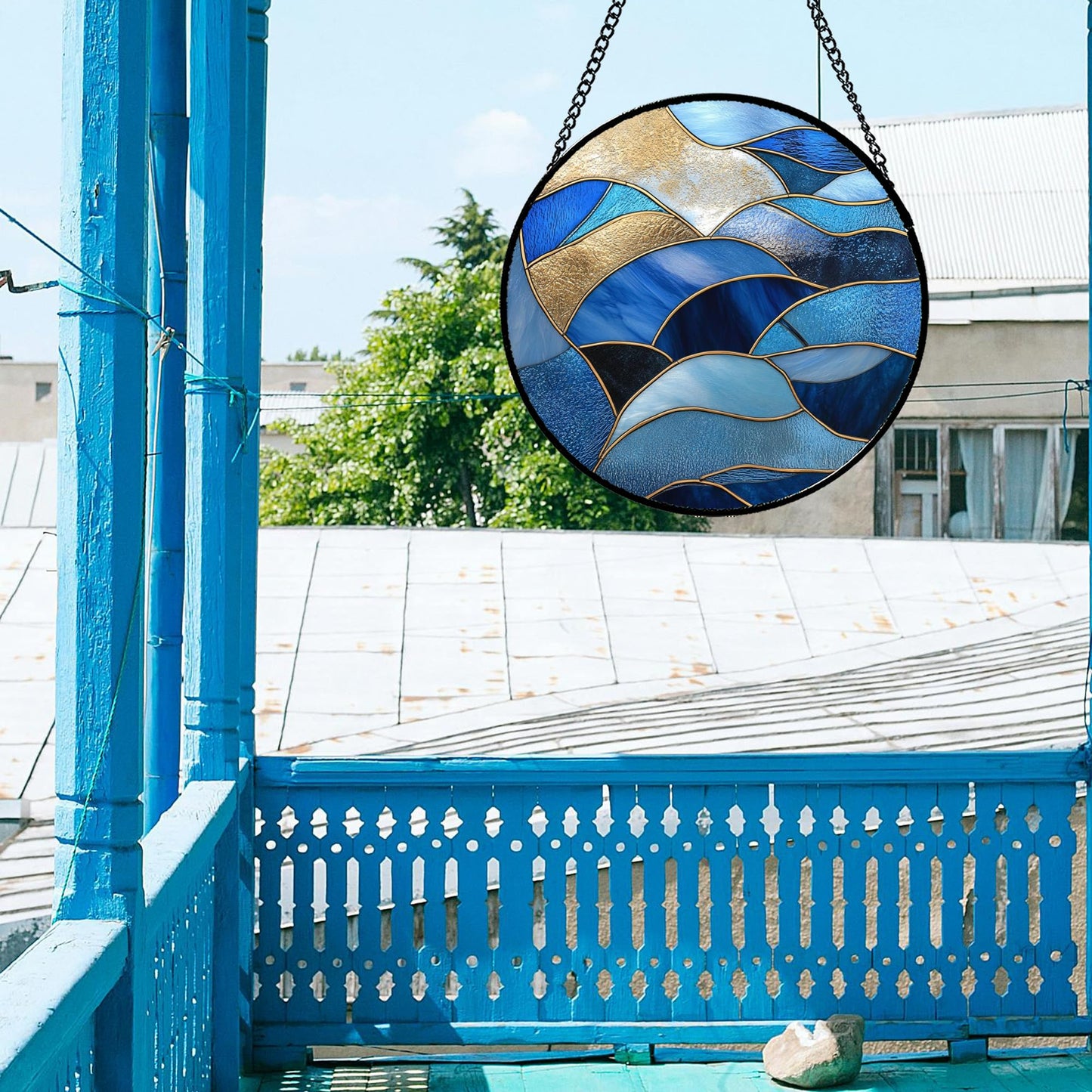 GEFOS Stained Glass Window Hanging Blue Golden Ocean Waves 7.8" - Suncatcher Door Garden Sunroom Sun Catcher Home Decor Housewarming Birthday for Mom Grandma Men Woman