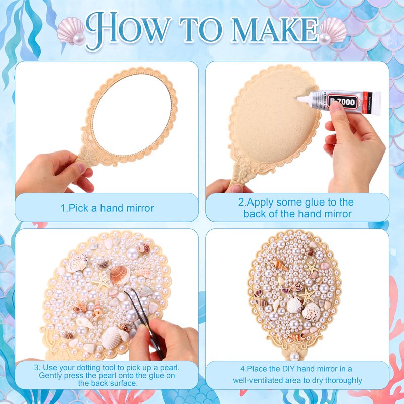 Chumia 6 Set Mermaid Hand Mirror Crafts Kit Creative DIY with Shells Flatback Half-Pearls Starfish and Tools Decorate Your Own Mirror Party Favor for Women Bride Mermaid Birthday Wedding Gift