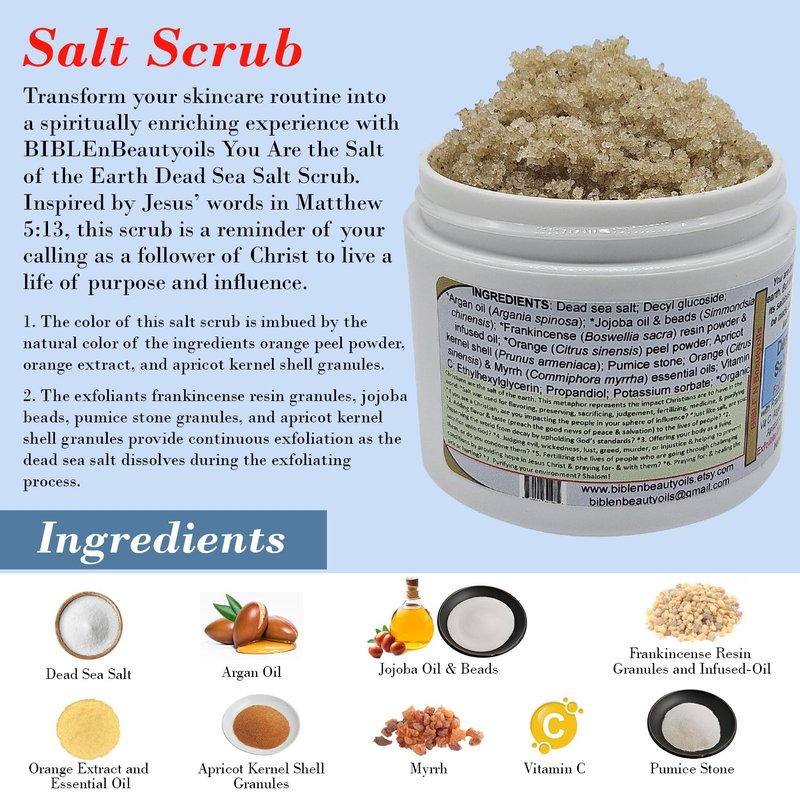 BIBLEnBeautyoils Salt Scrub, Face and Body Scrub with Frankincense, Myrrh, Orange, Dead Sea Salt Scrub, Exfoliating Sea Salt Scrub, Deep Cleansing Moisturizing Body Salt Scrub