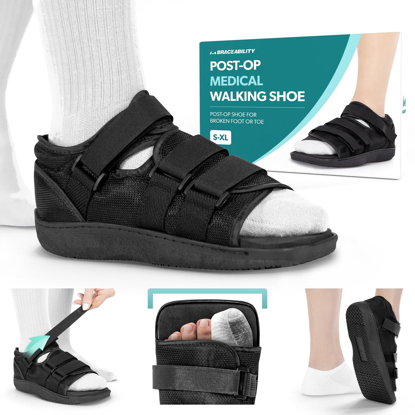 BraceAbility Post Op Shoe - Adjustable Orthopedic Medical Walking Boot for Broken Foot, Broken Toe, Stress Fracture and Injuries, Universal Cast Shoe for Men and Women After Foot Surgery (L - Female)