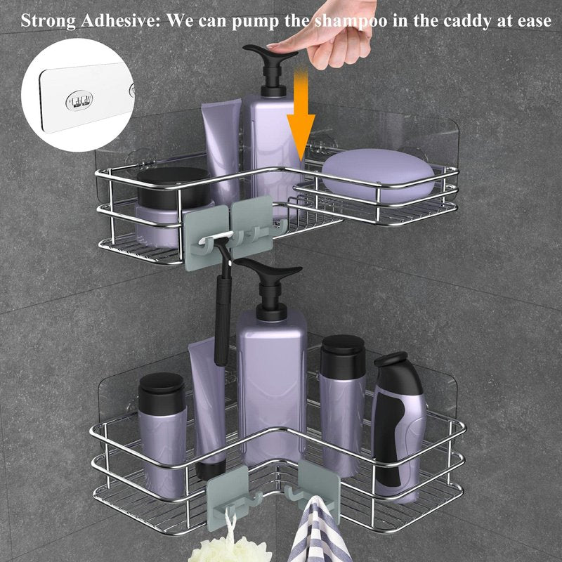 Nieifi Corner Shower Caddy with Built-In Soap Holder with Hooks, Shower Organizer Shelf Rack Basket Storage, Rust Proof Stainless Steel Bathroom Shelves Drill Free 2 Pack For 90-Degree Corner Only