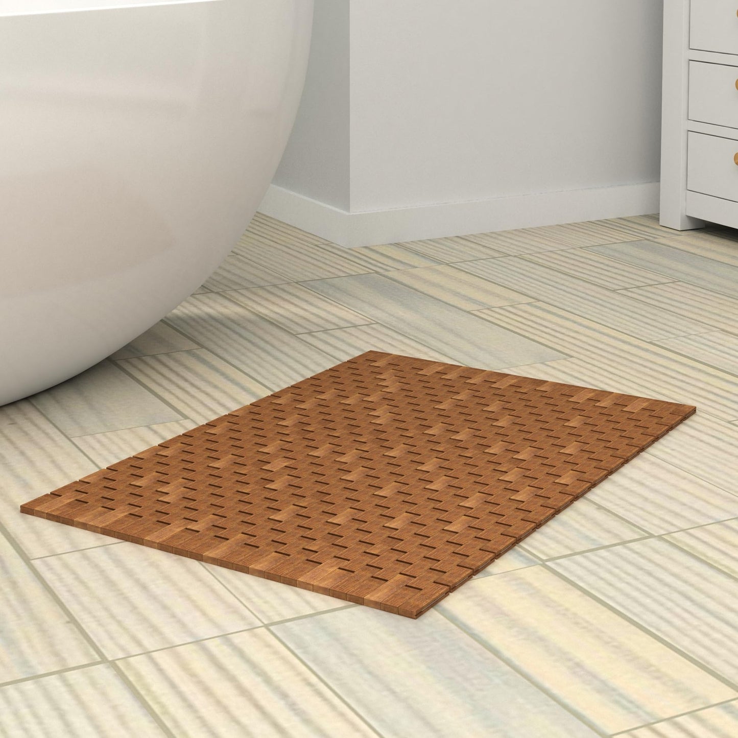 Facilehome Teak Wood Bath Shower Mat for SPA Sauna with Mutiple Silica Gel Feet 27.5X19.7X0.31-Inch