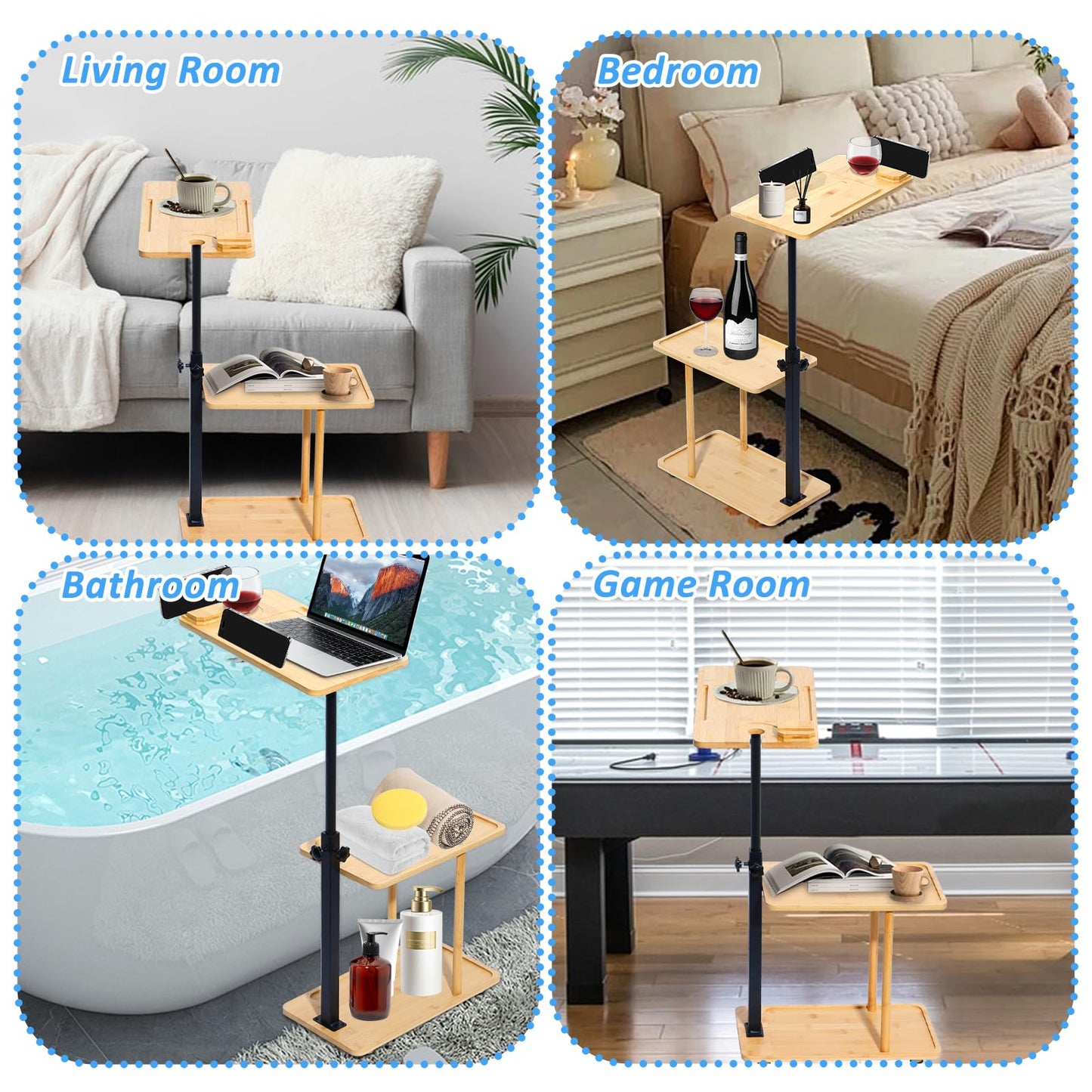 3 Layer Bath Tub Tray Table Liftable Freestanding Bamboo Bath Tray Caddy for Tub Against Wall Shelf Bathroom Organizer Shelf for Luxury Spa (Square)