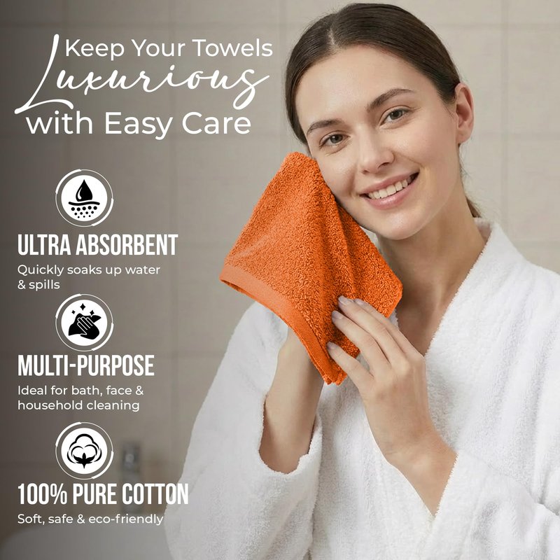 RIVERSIDE 12-Pack Premium 100% Cotton Orange Face Towels for Bathroom [12x12] - Reusable Luxury Face Wash Cloths for Showering - 550 GSM Super Soft & Absorbent Washcloths for Body, Spa & Gym
