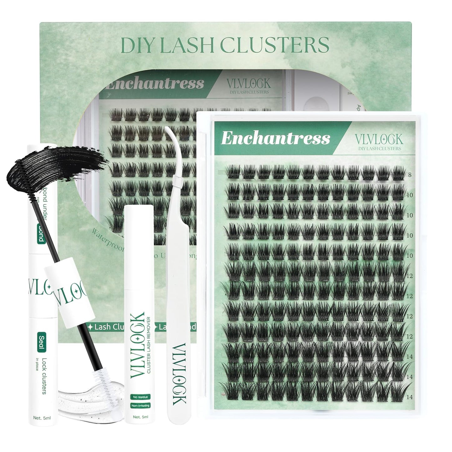 VLVLOCK Enchantress Lash Clusters Kit Short Lashes Clusters 8-14MM DIY Lash Extensions Kit Waterproof Long-Lasting with Ultra-Thin Band Glue Remover Tweezer for Beginners(Enchantress Short Kit 8-14mm)