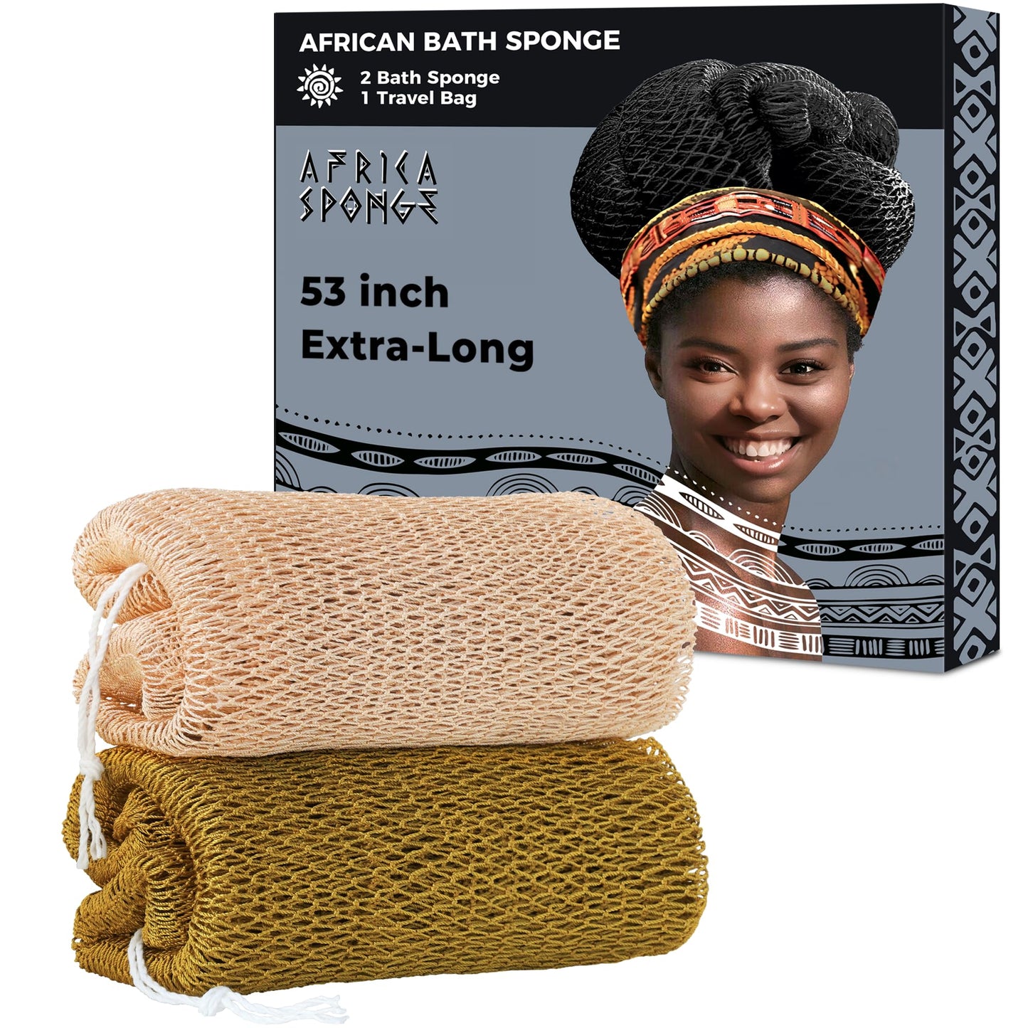 African Net Sponge Authentic - 2 Pieces 52IN Stretched Length Exfoliating Body Scrubber Bath Sponge - Loofah Washcloth Back Scrub for Shower Body Exfoliator