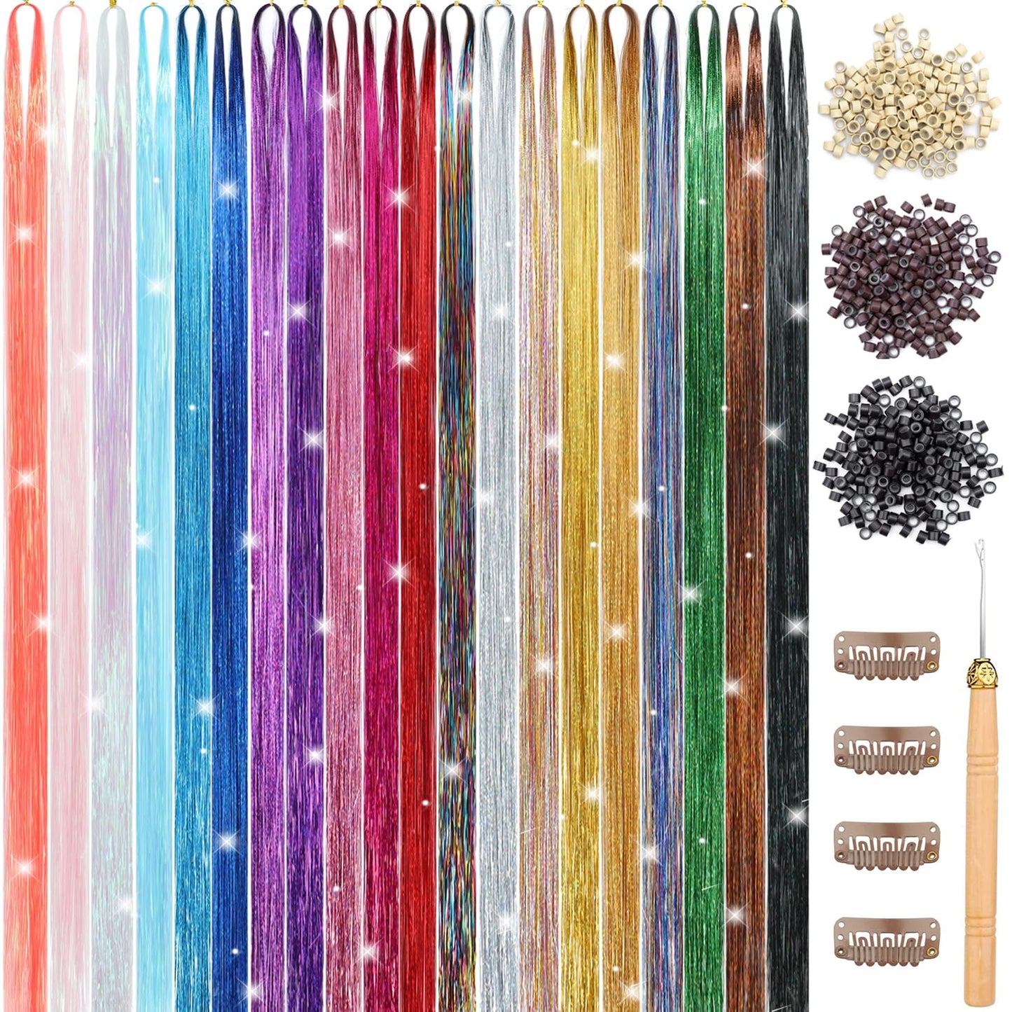YUBTY Hair Tinsel, 20 Colors 8800 Strands Fairy Hair Tinsel Heat Resistant 48 Inches Glitter Tinsel Hair Extensions Highlights Sparkling Hair Tinsel Kit for Girls Women Hair Accessories Party Festival