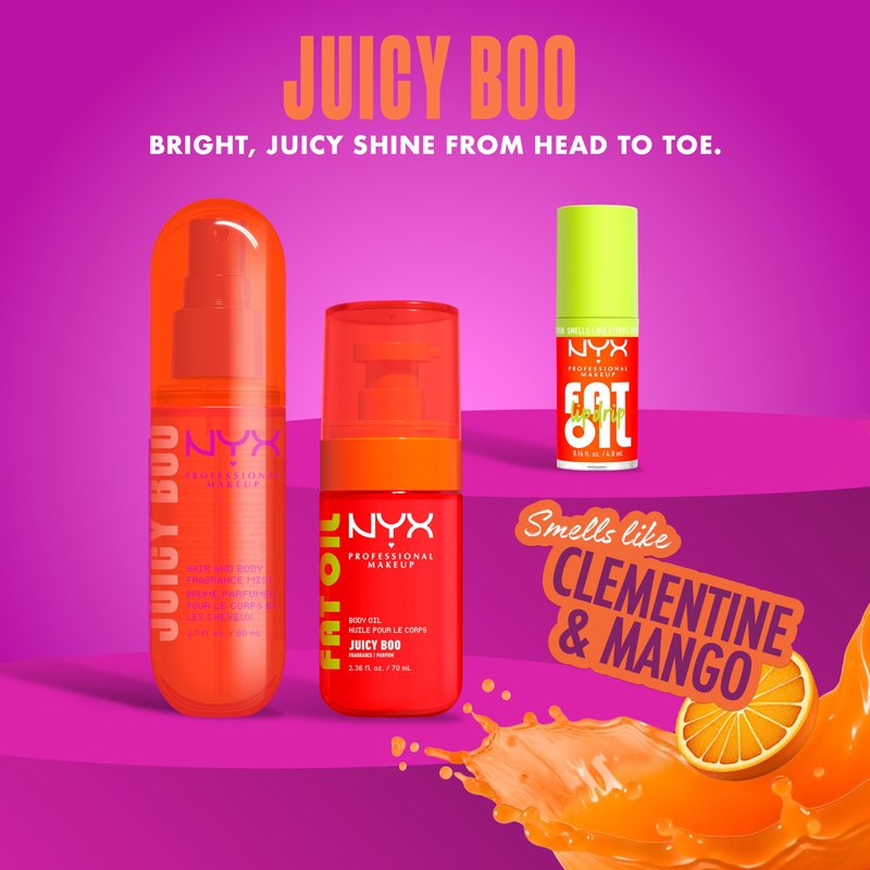 NYX PROFESSIONAL MAKEUP Fat Oil Fragrance Mist Perfume in Juicy Boo, Citrus Scented Long Lasting Hair & Body Spray With Mango & Musk Notes, Vegan & Cruelty Free, Large 5.4 fl oz