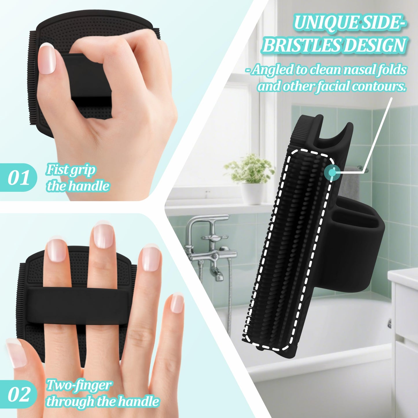 GEENOA Silicone Back/Face Scrubber & Bath Glove Set 3PCS, Extendable Back Scrubber with Dual-Side Large Head, 360° Anti-Slip Bath Glove, Unique Side-bristle Face Scrubber for All-round Cleaning(Black)