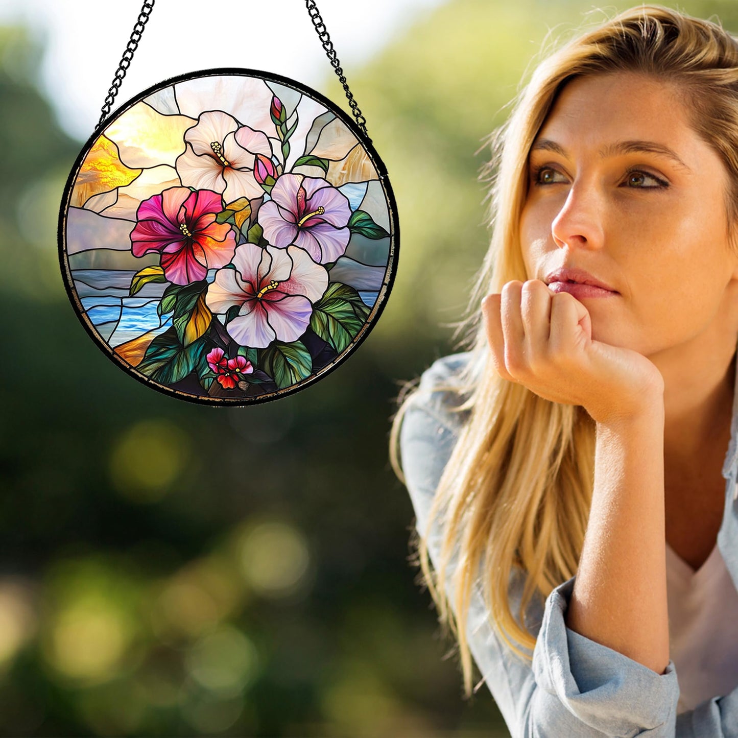 GEFOS Stained Glass Window Hanging Pink Purple Hibiscus Flowers 9.8" - Suncatcher Door Garden Sunroom Sun Catcher Decor Birthday Christmas for Mom Men Woman Nana Friend