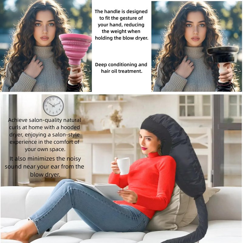 Hooded Hair Dryer for Curly Hair, Large Adjustable Blow Dryer Cap, Portable Hair Dryer Bonnet Attachment, Soft Diffuser for Fast Drying & Deep Conditioning, Headband Integrated Design (black)