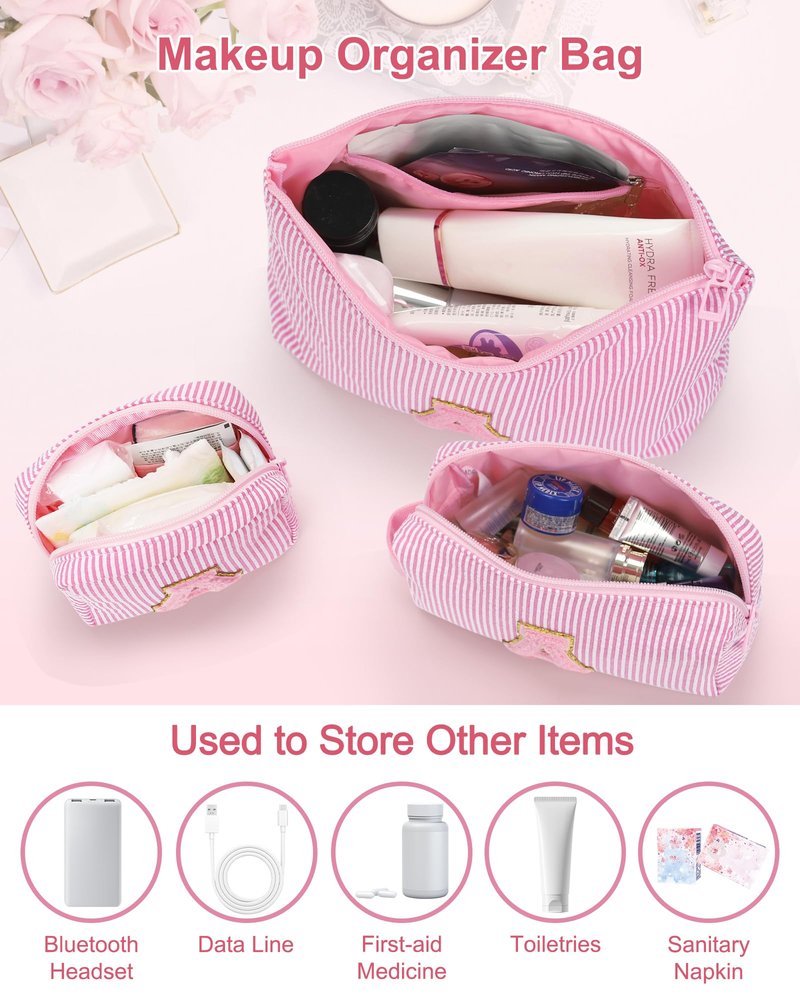 MONSTINA Preppy Chenille Makeup Bag|Personalized Initial Bags with Zipper,Cute Makeup Pouch Stripe Cosmetic Bag,Birthday Gift for Daughter|Preppy Things for Girls,3PCS Pink Q