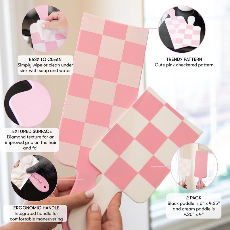 FRAMAR Checkered Balayage Board and Paddle Set - Long and Short Foil Board For Highlights, Balayage Hair Dye Kit, Hair Salon Supplies, For Enhanced Precision - 2 Pack - Pink and White