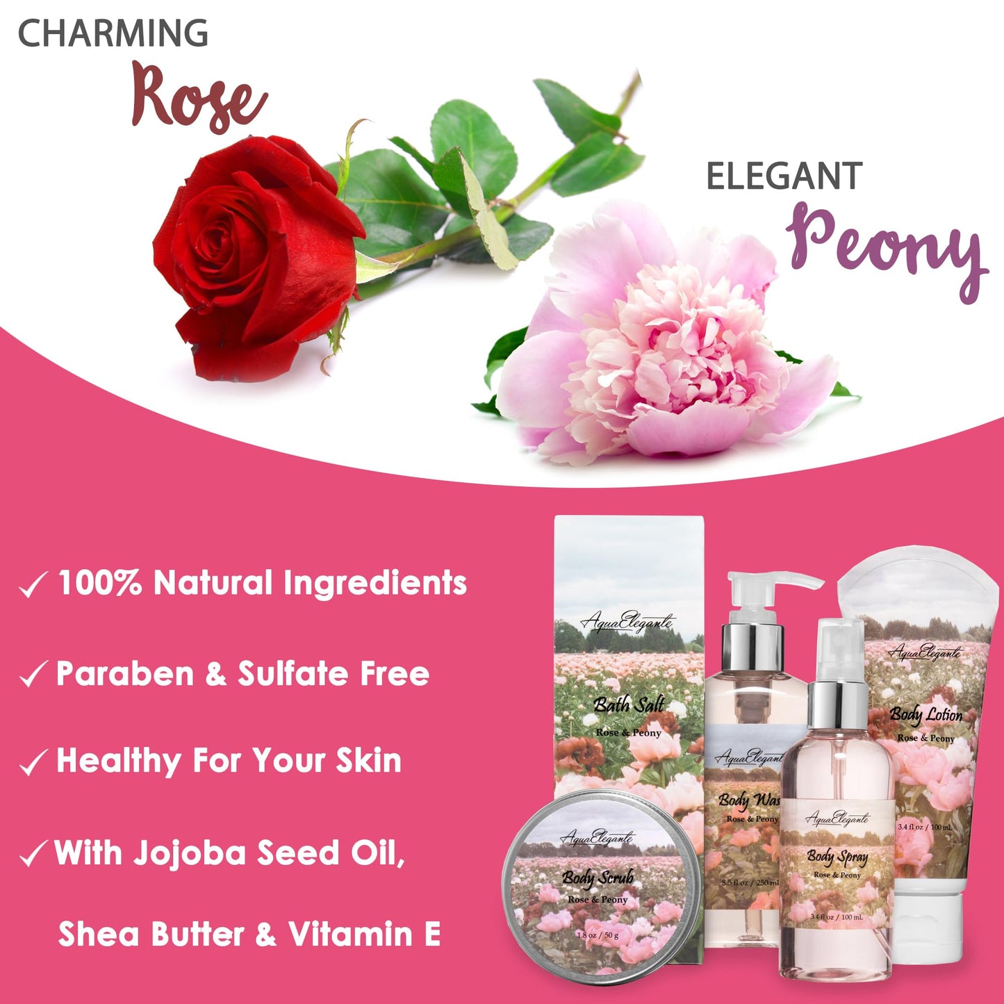 Aqua Elegante Spa Gift Basket - Luxury Bath Set with Body Wash, Bubble Bath, Lotion, Salts, Scrub, Spray, Shower Puff, Towel, Gifts for Women, Mom, Wife, Her - Rose Oil & Peony